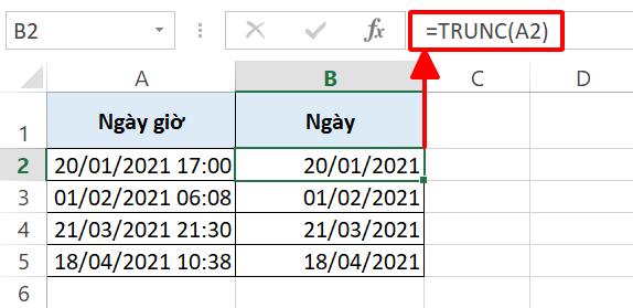 Hàm trunc tách ngày trong chuỗi ngày giờ