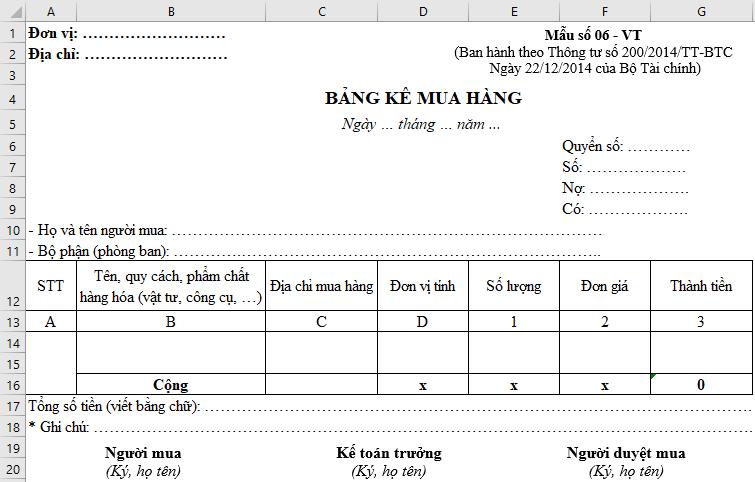 Chia sẻ file Excel mẫu bảng kê mua hàng theo thông tư 200