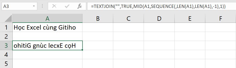 Hướng dẫn sử dụng hàm TEXTJOIN làm hàm đảo ngược chuỗi trong Excel
