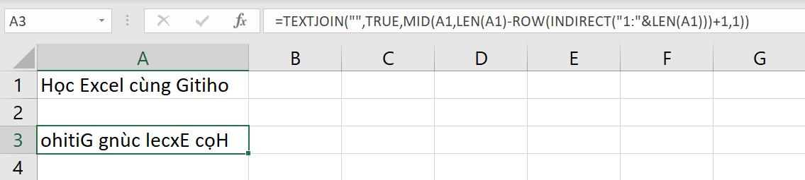 Hướng dẫn sử dụng hàm TEXTJOIN làm hàm đảo ngược chuỗi trong Excel