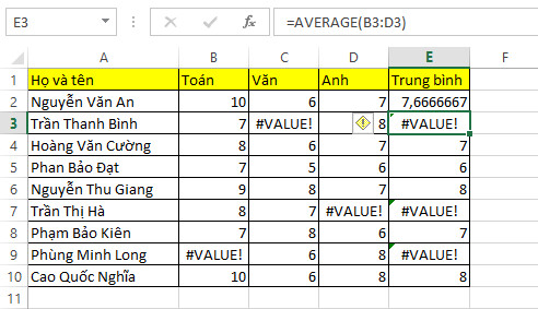 Hướng dẫn cách khắc phục lỗi #VALUE! khi dùng hàm AVERGAE và hàm SUM trong Excel