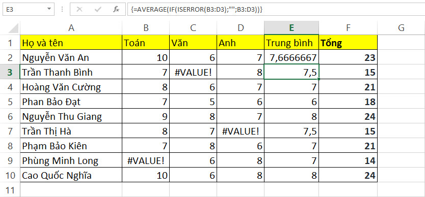 Hướng dẫn cách khắc phục lỗi #VALUE! khi dùng hàm AVERGAE và hàm SUM trong Excel