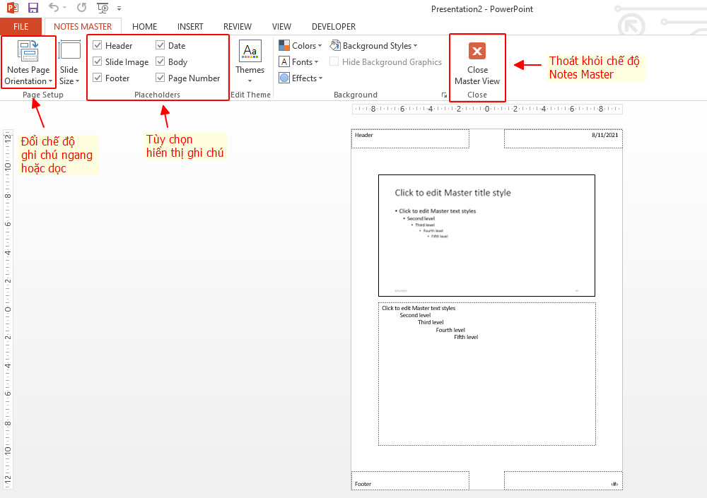 Notes Master PowerPoint: Notes Master trong PowerPoint là công cụ giúp bạn tạo và định dạng các ghi chú trong bài thuyết trình. Với Notes Master, bạn có thể tạo ra những ghi chú dễ đọc và tránh tình trạng hỗn loạn trong quá trình thuyết trình của bạn.