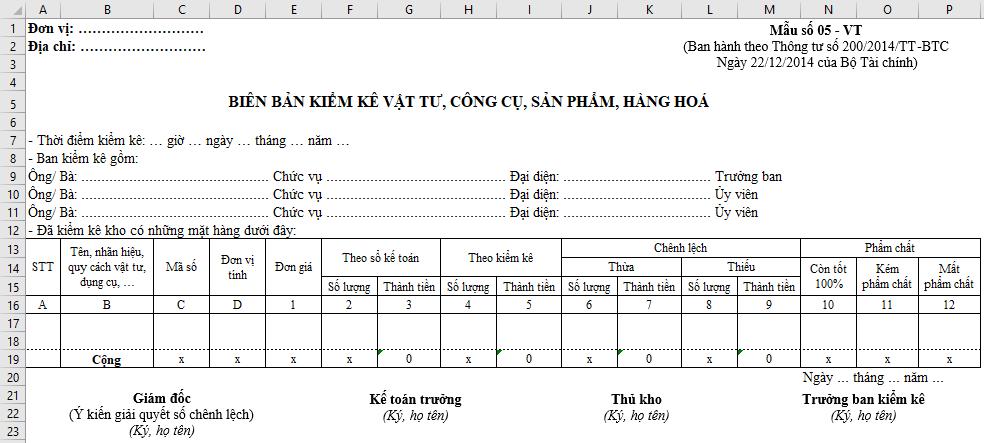 Hướng dẫn lập biên bản kiểm kê vật tư, công cụ, sản phẩm, hàng hóa theo Thông tư 200 trên Excel