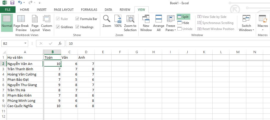 Cách ghim tiêu đề trong Excel bằng chức năng Split 2