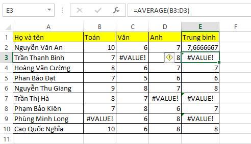 Hướng dẫn cách khắc phục lỗi #VALUE! khi dùng hàm AVERGAE và hàm SUM trong Excel