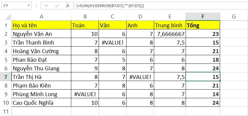Hướng dẫn cách khắc phục lỗi #VALUE! khi dùng hàm AVERGAE và hàm SUM trong Excel