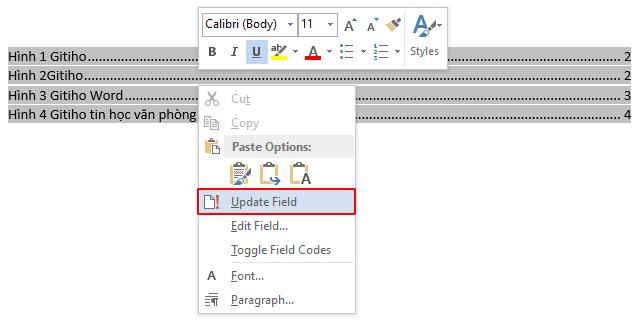 Cách update danh mục hình ảnh trong word 1