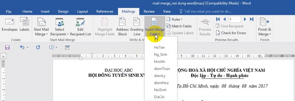 Hướng dẫn sử dụng chức năng Mail Merge cho trộn văn bản trong Word