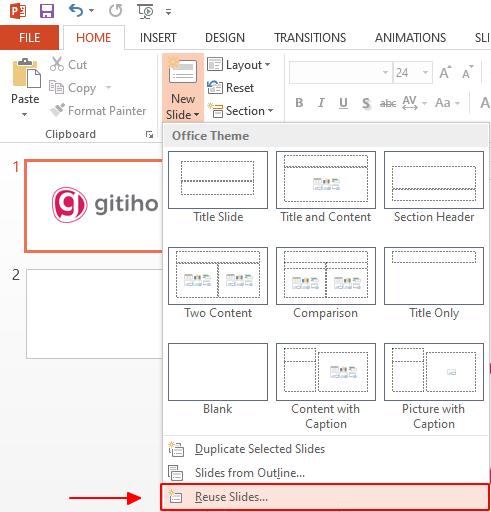 Sử dụng chức năng Reuse Slides để gộp nhiều file ppt thành 1 file bước 3