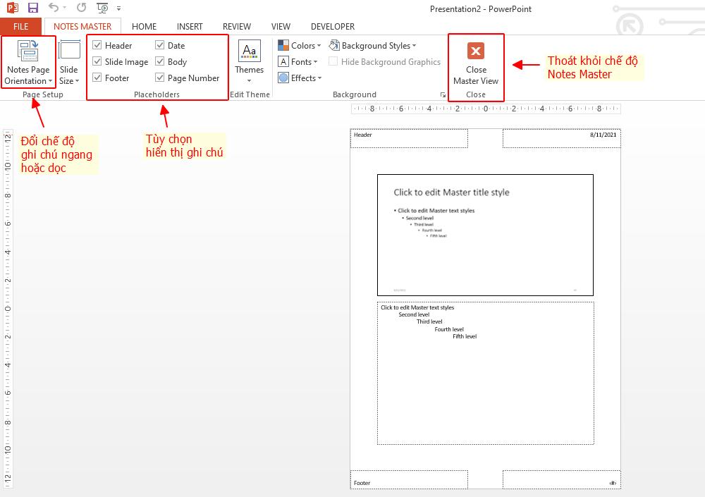 Notes Master trong PowerPoint - Ghi chú của người thuyết trình