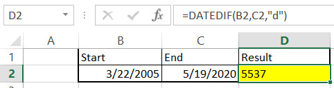 Cách tính số ngày thân thiết 2 mốc thời hạn tự hàm DATEDIF