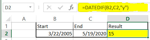 Cách tính số ngày thân thích 2 mốc thời hạn vị hàm DATEDIF