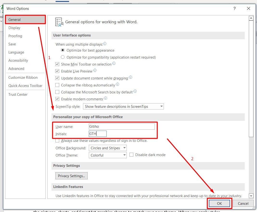 Thay đổi tên người dùng trong Word 2