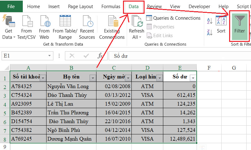 Thao tác lọc dữ liệu trên Excel