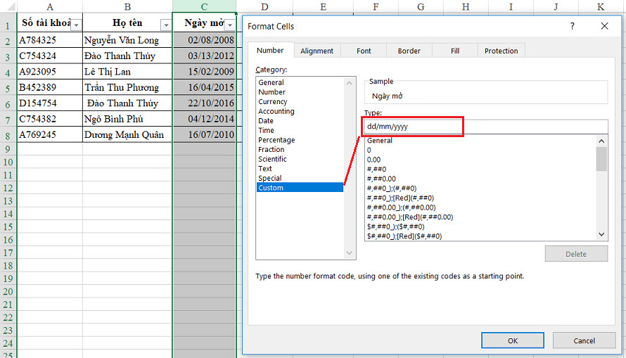 định dạng cho thời gian cho Excel