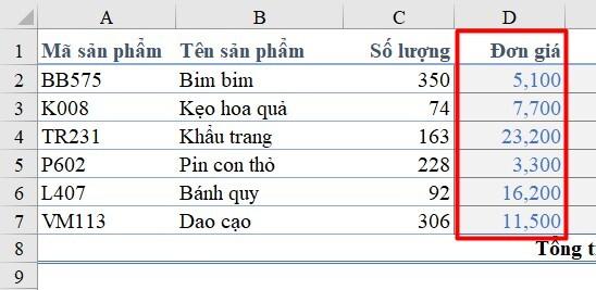 Dùng hàm VLOOKUP tìm đơn giá sản phẩm