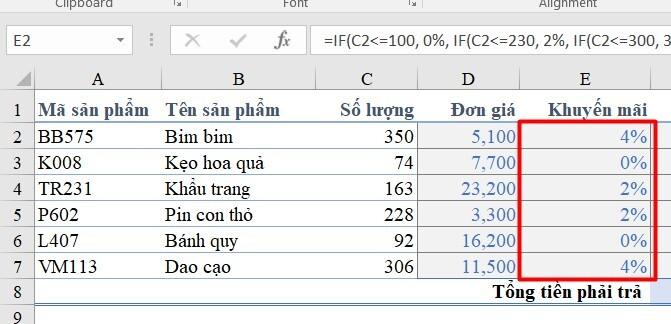 cách tính tiền khuyến mãi trong excel