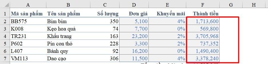 Dùng các phép tính toán trong Excel