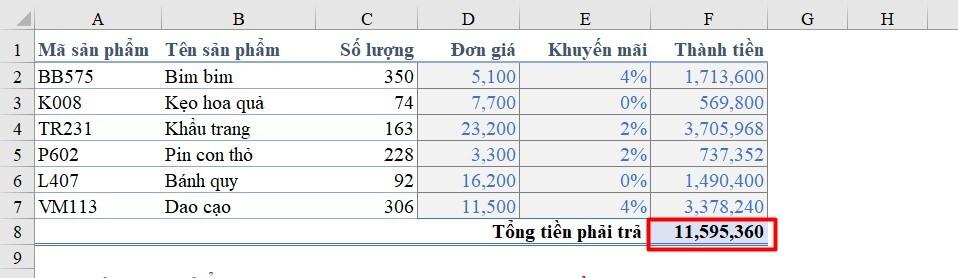 Dùng hàm SUM tính kết quả tổng số tiền