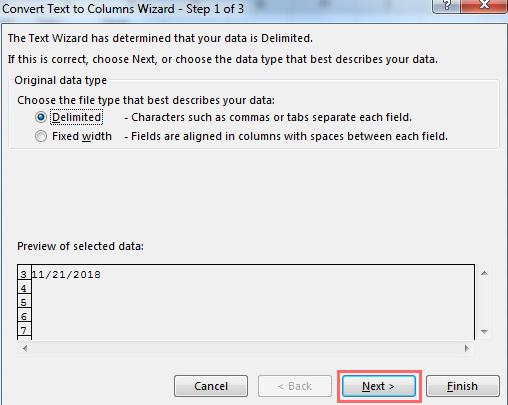 chọn Delimited rồi bấm Next