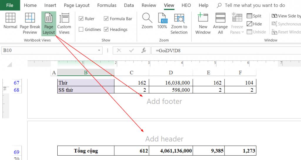 Cách đánh số trang trong Excel