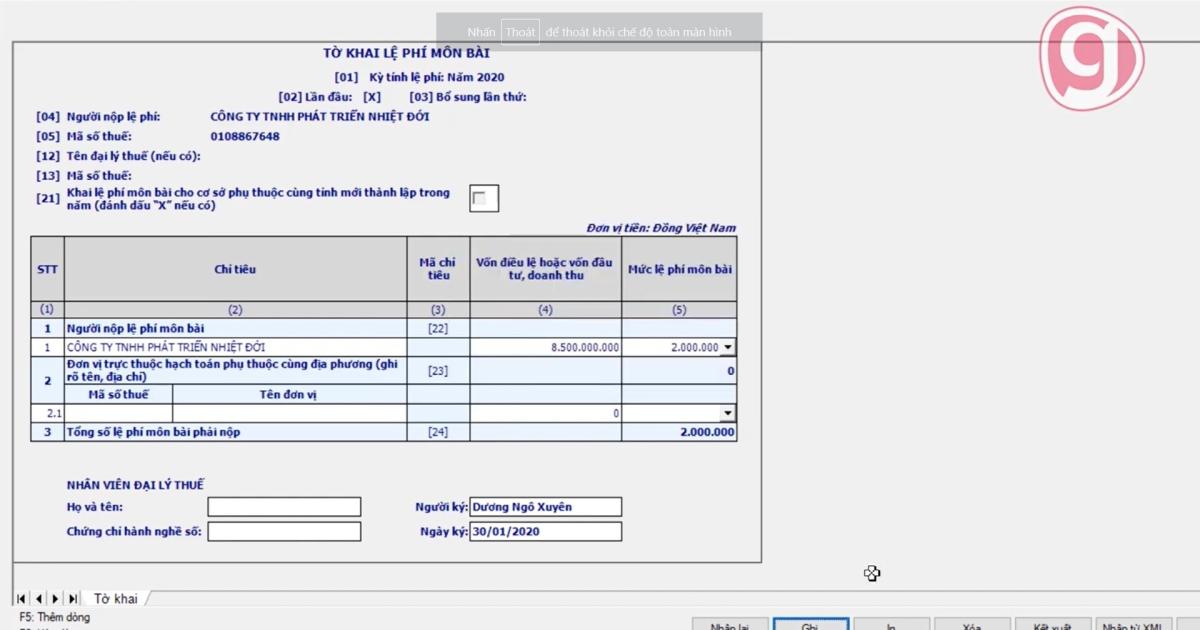 Hướng dẫn lập tờ khai lệ phí môn bài và hạch toán lệ phí môn bài