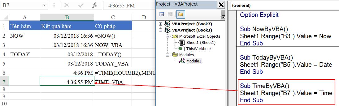 Hướng dẫn cách dùng hàm NOW TODAY TIME trong VBA Excel