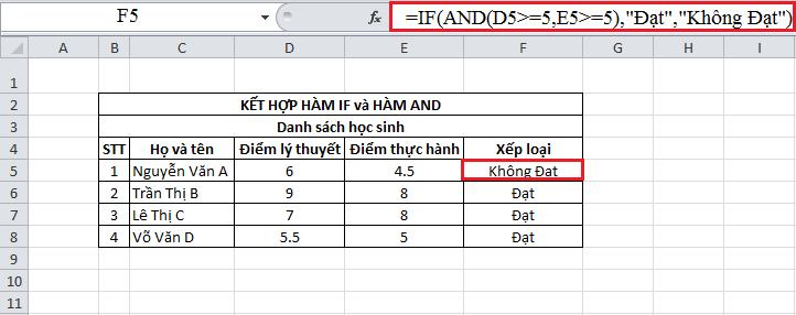 Ví dụ hàm IF kết hợp AND