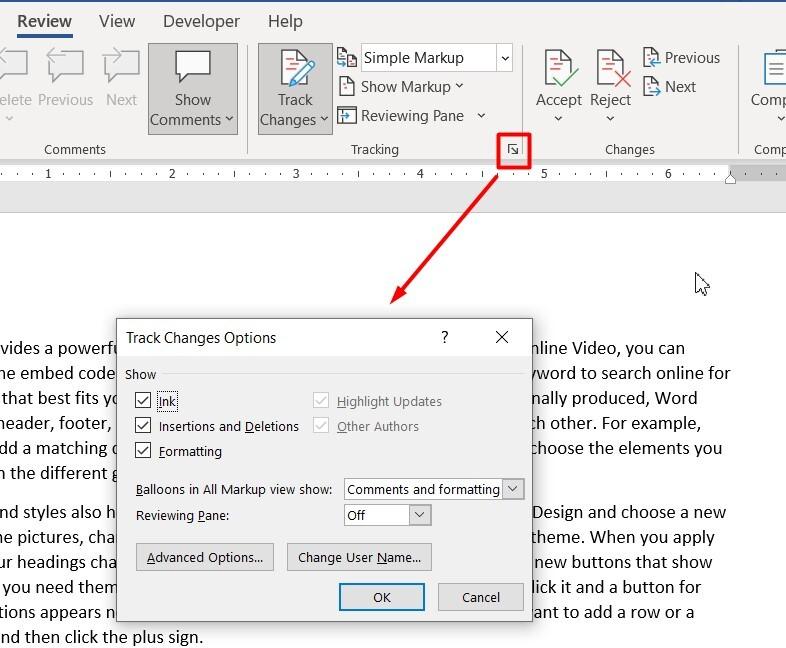 Thay đổi cài đặt cho Track Changes trong Word