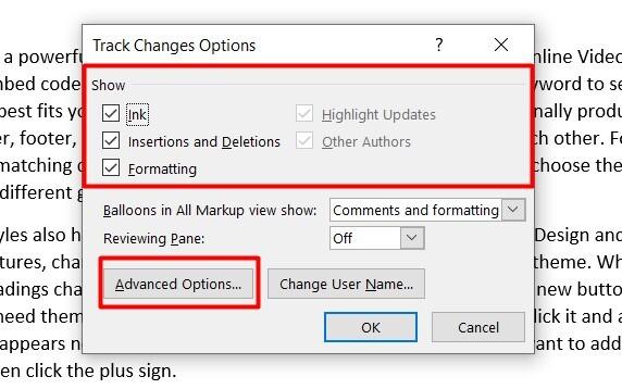 Thay đổi cài đặt cho Track Changes trong Word 2