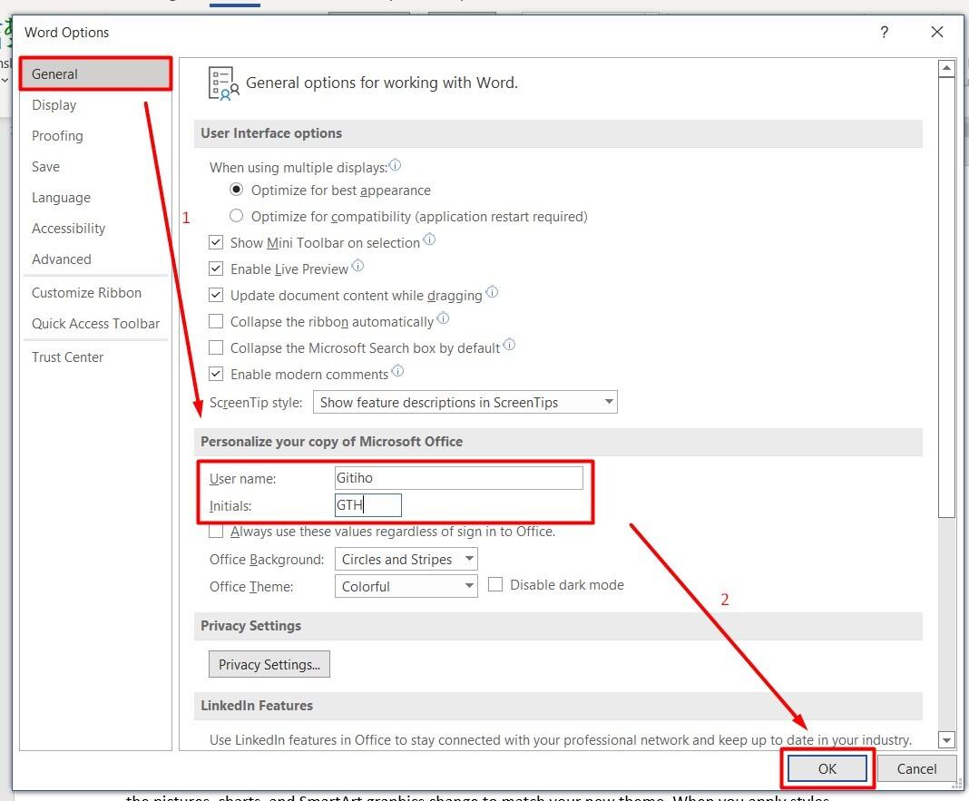 Thay đổi tên người dùng trong Word 2