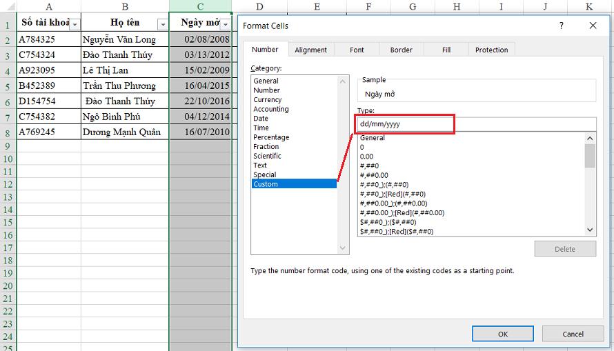 định dạng cho thời gian cho Excel
