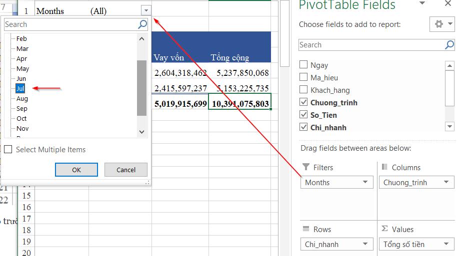 Cách lập báo cáo bằng Pivot Table trong Excel khi không có cột tháng