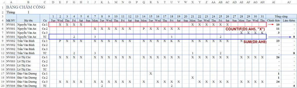 Hướng dẫn cách lập bảng chấm công theo ca và làm thêm giờ trên Excel