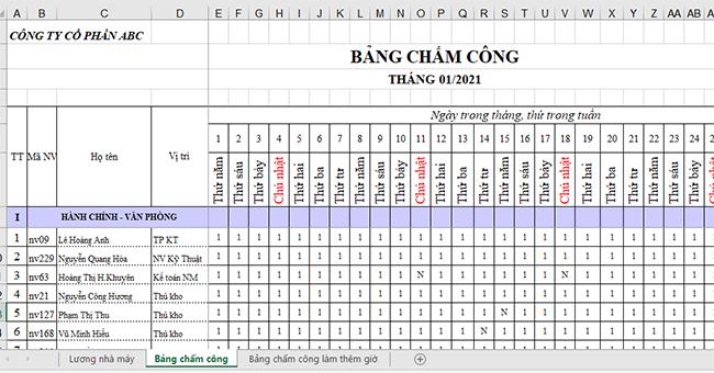 Hướng dẫn cách lập bảng chấm công theo ca và làm thêm giờ trên Excel