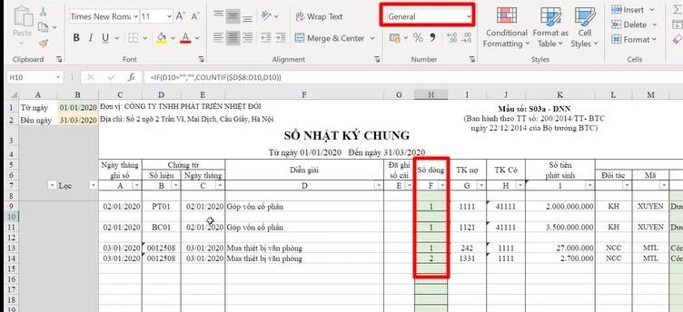 Hướng dẫn cách thiết lập Excel cho sổ nhật ký chung của kế toán