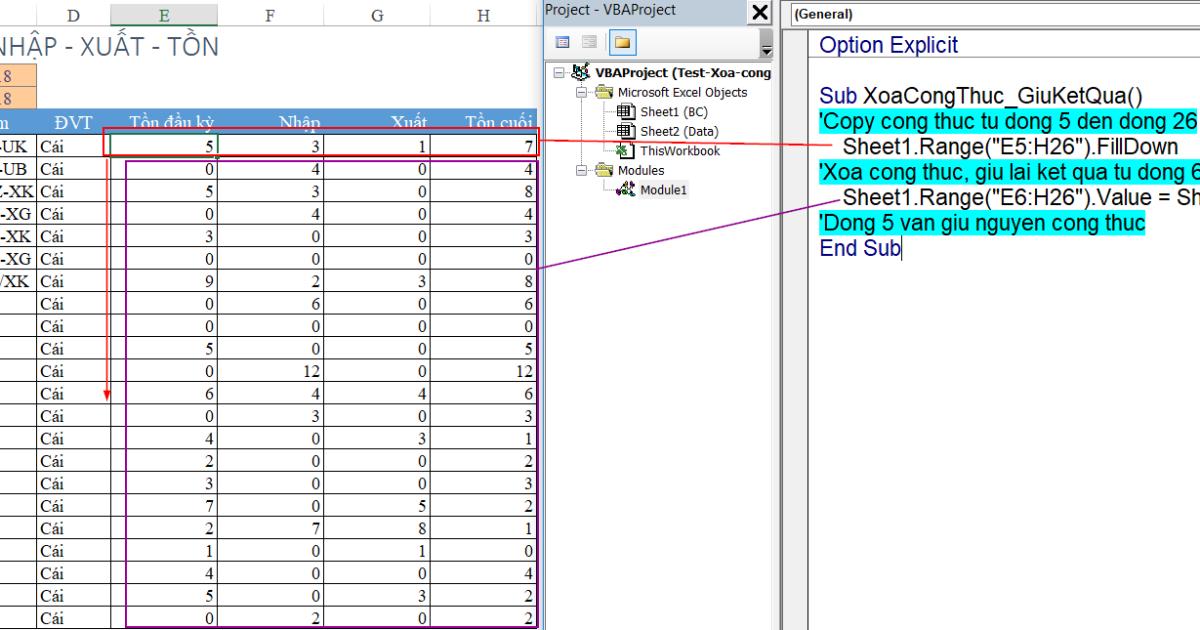 Nhập công thức (code) vào bảng chỉnh sửa VBA