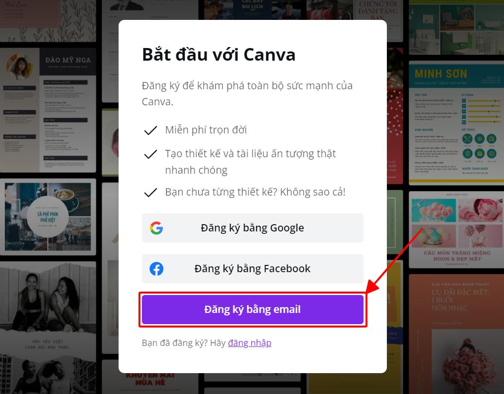 đăng ký Canva bằng tài khoản email