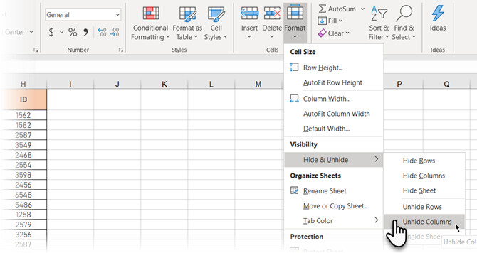 Hide and show columns in Excel