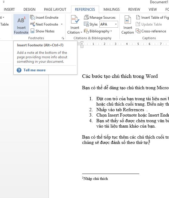 Các bước tạo chú thích trong Word
