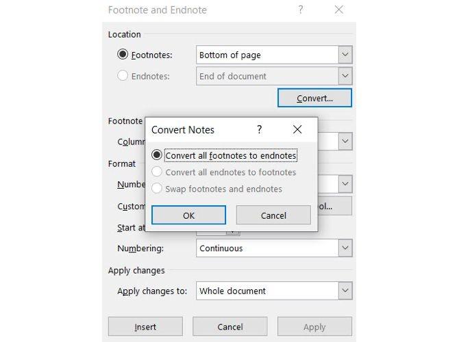 Chuyển Footnote thành Endnote và ngược lại