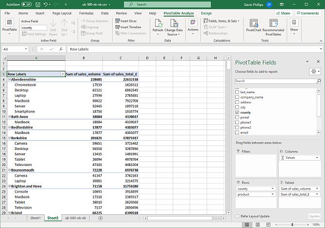 Chọn phạm vi dữ liệu pivot table