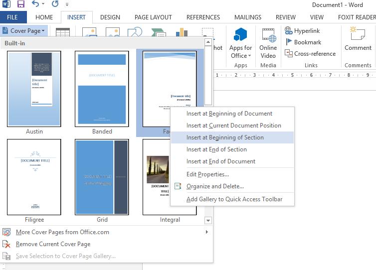 Vị trí chèn trang bìa trong tài liệu