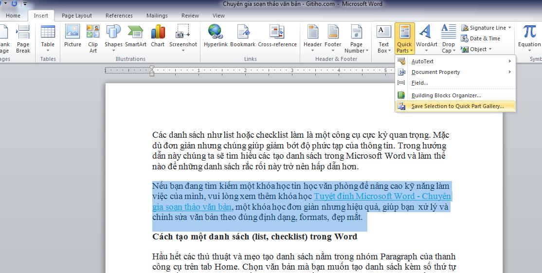 Cách tạo Quick Parts trên Word