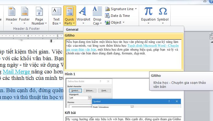 chèn khối văn bản Quick Part vào tài liệu Word