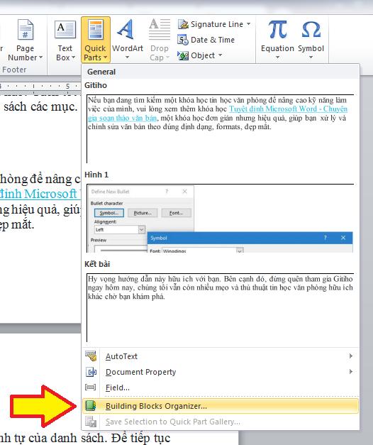 chèn khối văn bản Quick Part vào tài liệu Word
