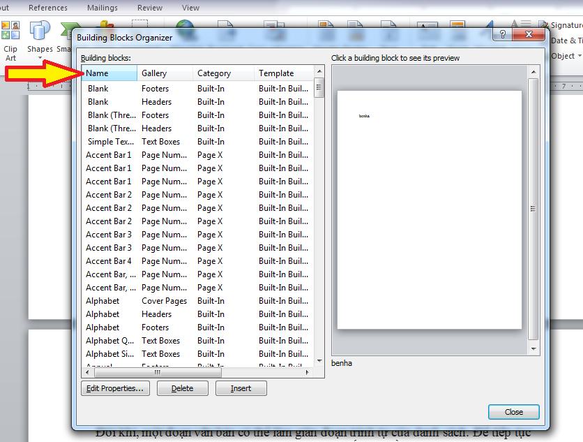 chèn khối văn bản Quick Part vào tài liệu Word