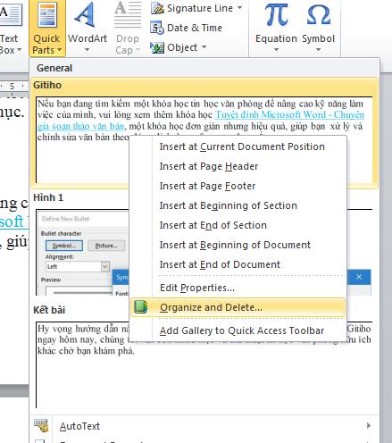 chèn khối văn bản Quick Part vào tài liệu Word