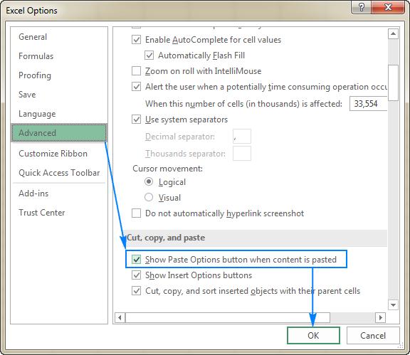 bật tính năng Show Paste Options trong Excel